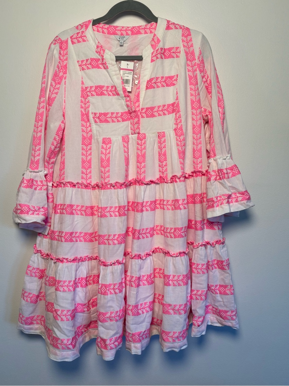 crown & ivy Pink Embroidered Dress with Bell Sleeves - NWT - Size Large